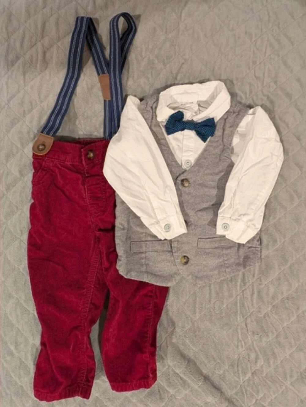 12M Kids Suspenders And Bow Tie Outfit with Red Pants and Gray Vest